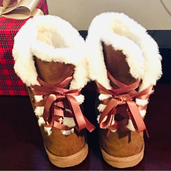 Sugar Shoes - Sugar chestnut saddle brown winter boots winter faux fur rear ribbon tie…